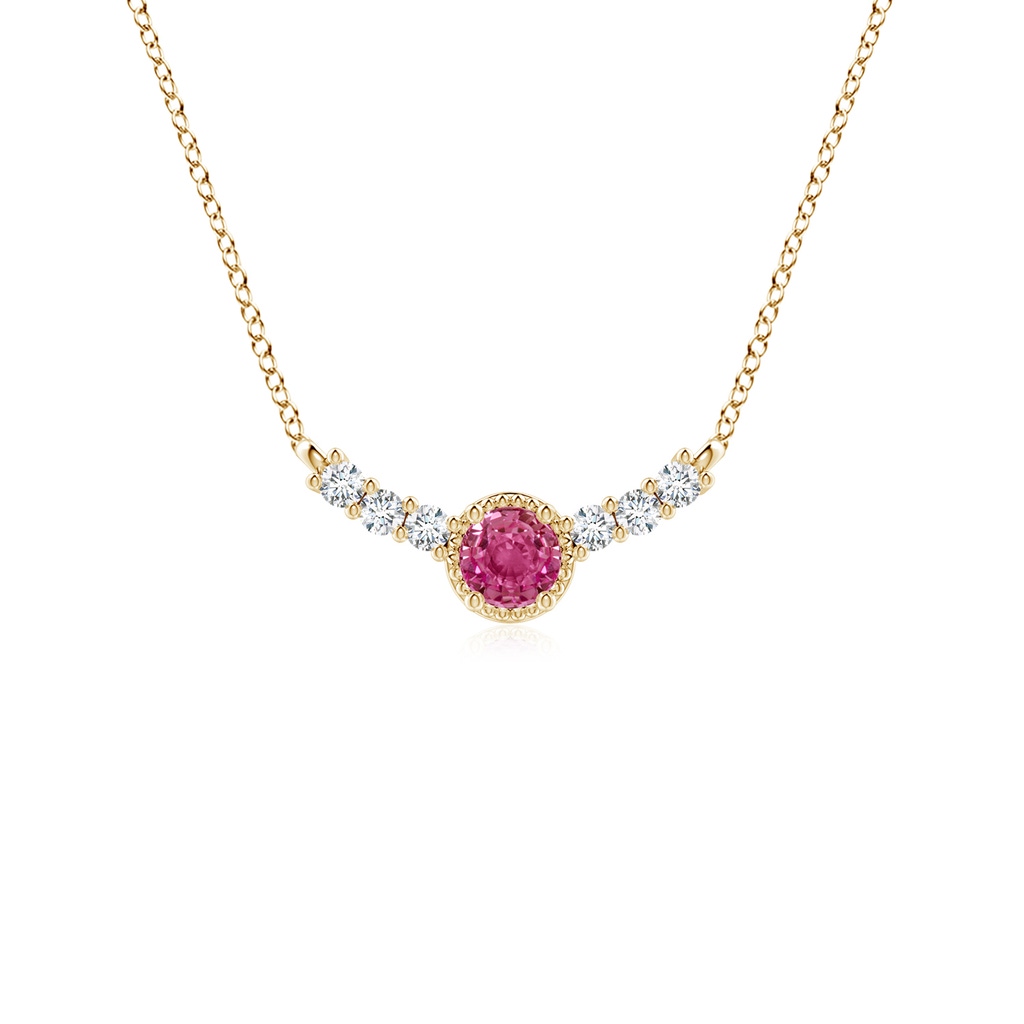 3.5mm AAAA Vintage Style Pink Sapphire and Diamond Curved Bar Pendant in Yellow Gold