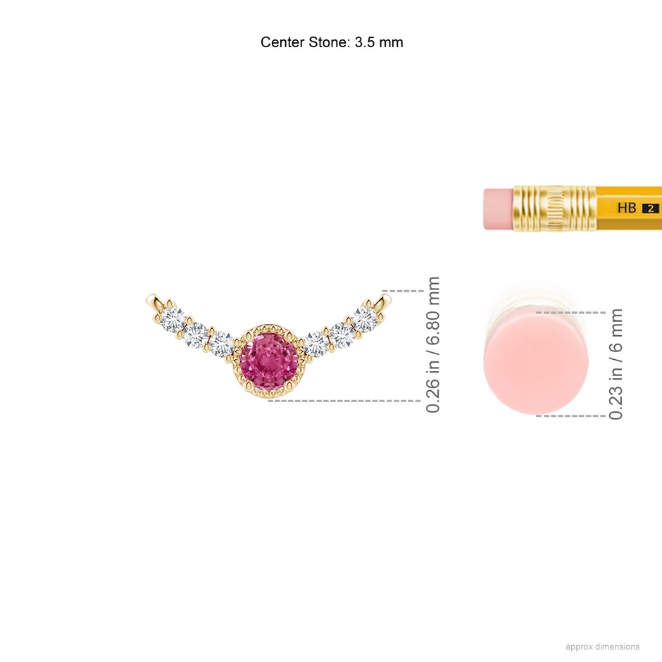 3.5mm AAAA Vintage Style Pink Sapphire and Diamond Curved Bar Pendant in Yellow Gold ruler