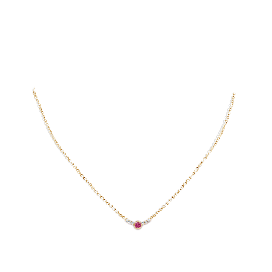 3.5mm AAAA Vintage Style Pink Sapphire and Diamond Curved Bar Pendant in Yellow Gold body-neck