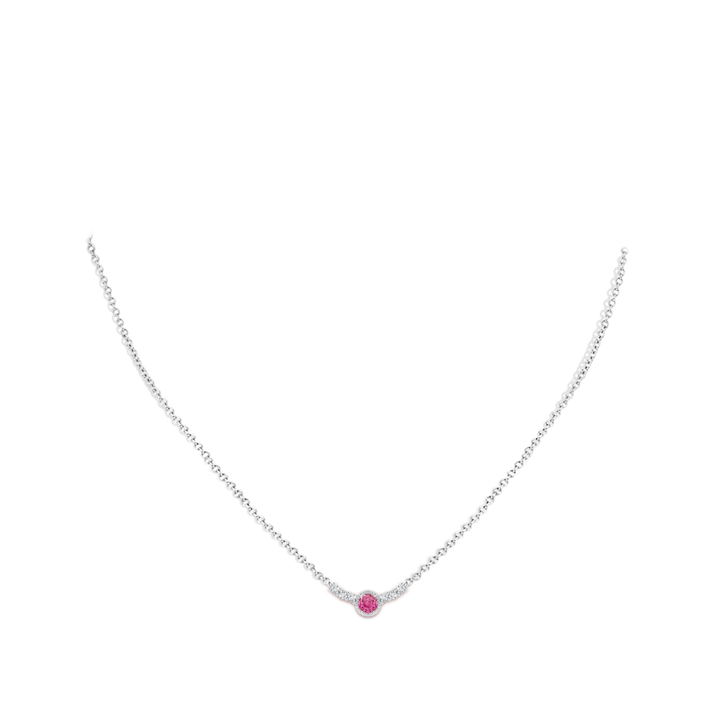 4mm AAA Vintage Style Pink Sapphire and Diamond Curved Bar Pendant in White Gold Body-Neck