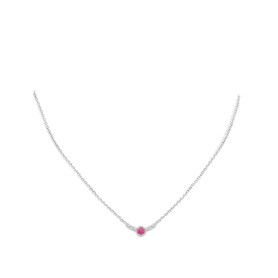 4mm AAA Vintage Style Pink Sapphire and Diamond Curved Bar Pendant in White Gold body-neck