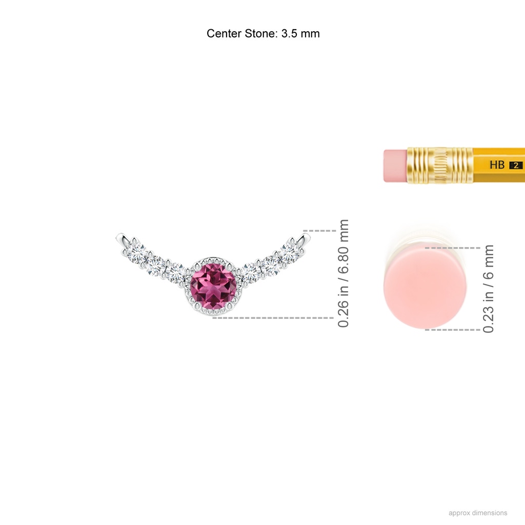 3.5mm AAAA Vintage Style Pink Tourmaline and Diamond Curved Bar Pendant in S999 Silver Ruler