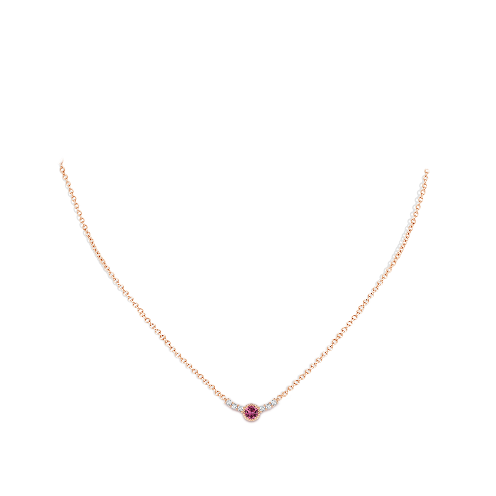 4mm AAAA Vintage Style Pink Tourmaline and Diamond Curved Bar Pendant in Rose Gold Body-Neck