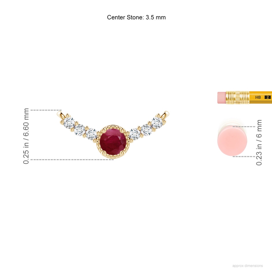 3.5mm A Vintage Inspired Ruby and Diamond Curved Bar Pendant in Yellow Gold ruler