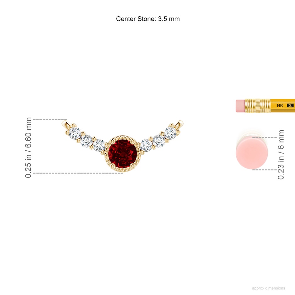 3.5mm AAAA Vintage Inspired Ruby and Diamond Curved Bar Pendant in 18K Yellow Gold ruler