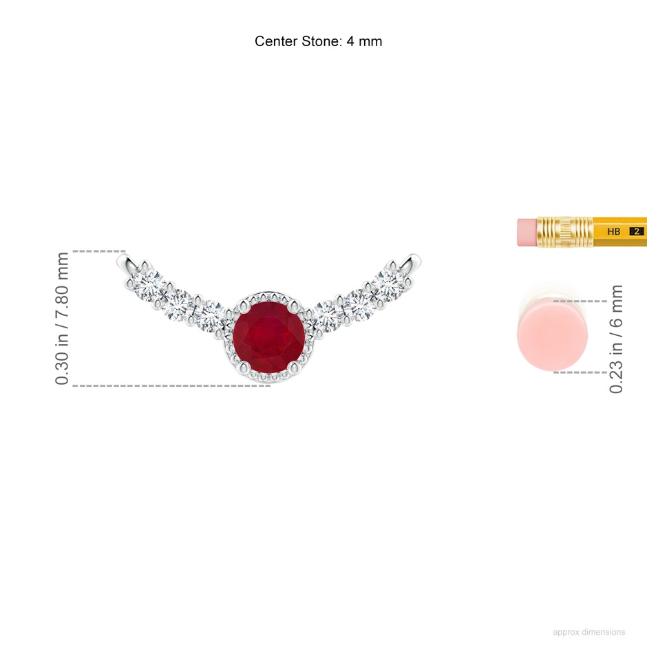 4mm AA Vintage Inspired Ruby and Diamond Curved Bar Pendant in 18K White Gold ruler