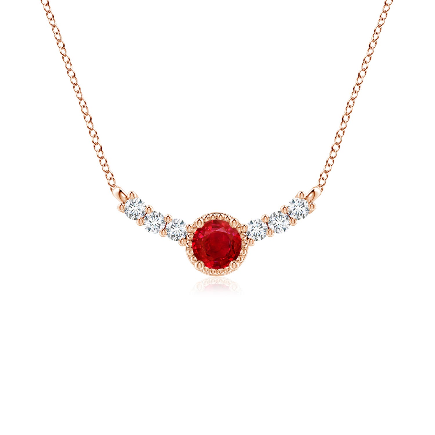 4mm AAA Vintage Inspired Ruby and Diamond Curved Bar Pendant in Rose Gold