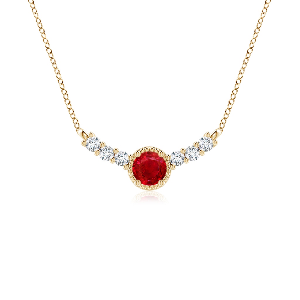 4mm AAA Vintage Inspired Ruby and Diamond Curved Bar Pendant in Yellow Gold