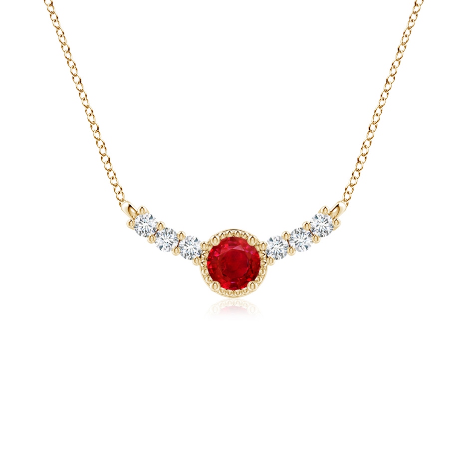 4mm AAA Vintage Inspired Ruby and Diamond Curved Bar Pendant in Yellow Gold 