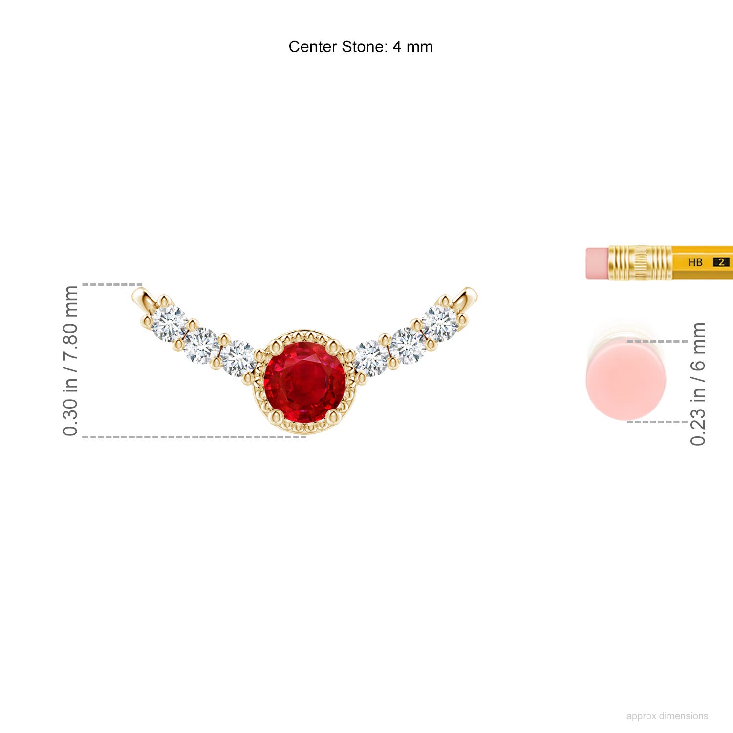 4mm AAA Vintage Inspired Ruby and Diamond Curved Bar Pendant in Yellow Gold - ruler