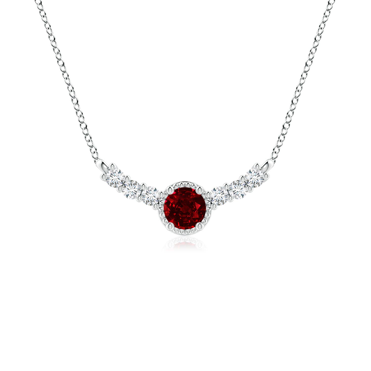 4mm AAAA Vintage Inspired Ruby and Diamond Curved Bar Pendant in 18K White Gold