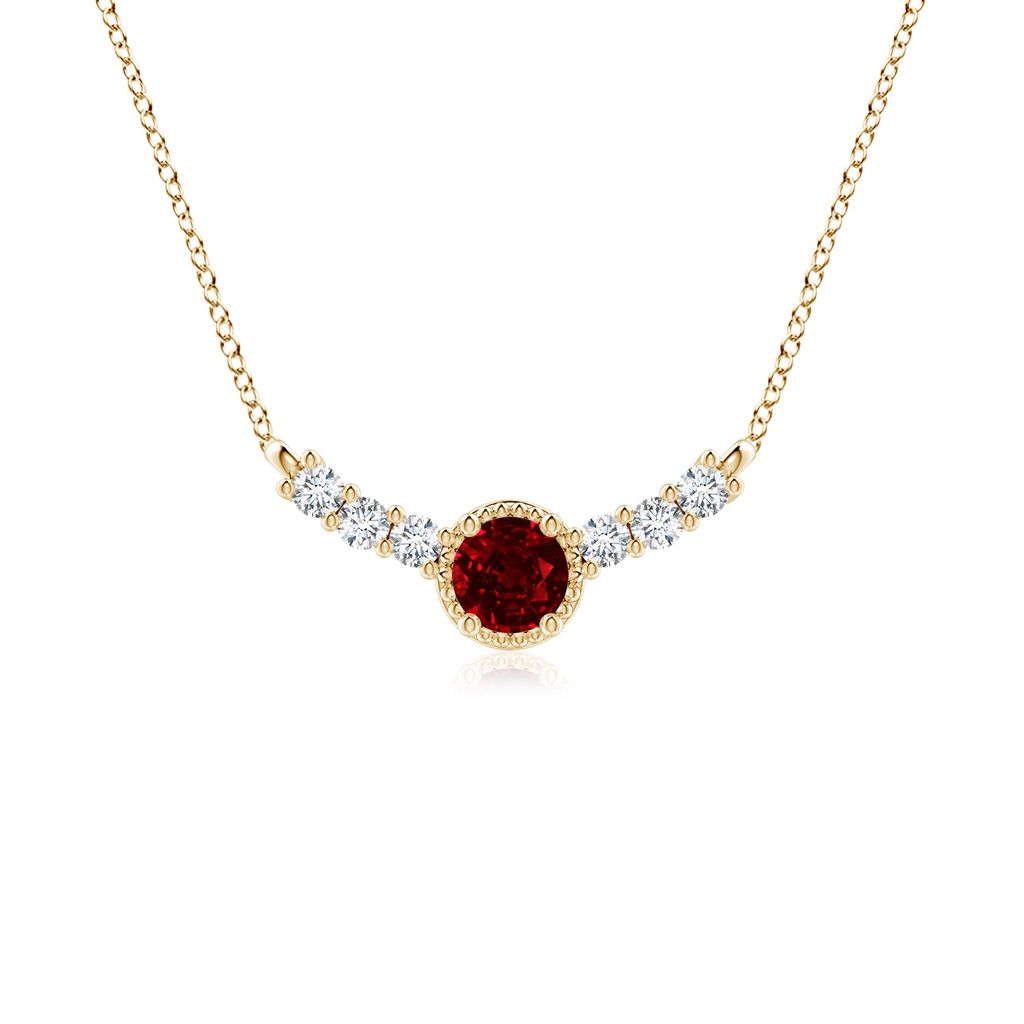 4mm AAAA Vintage Inspired Ruby and Diamond Curved Bar Pendant in Yellow Gold