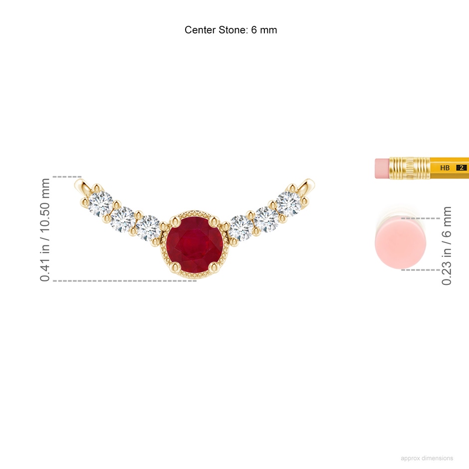 6mm AA Vintage Inspired Ruby and Diamond Curved Bar Pendant in Yellow Gold ruler
