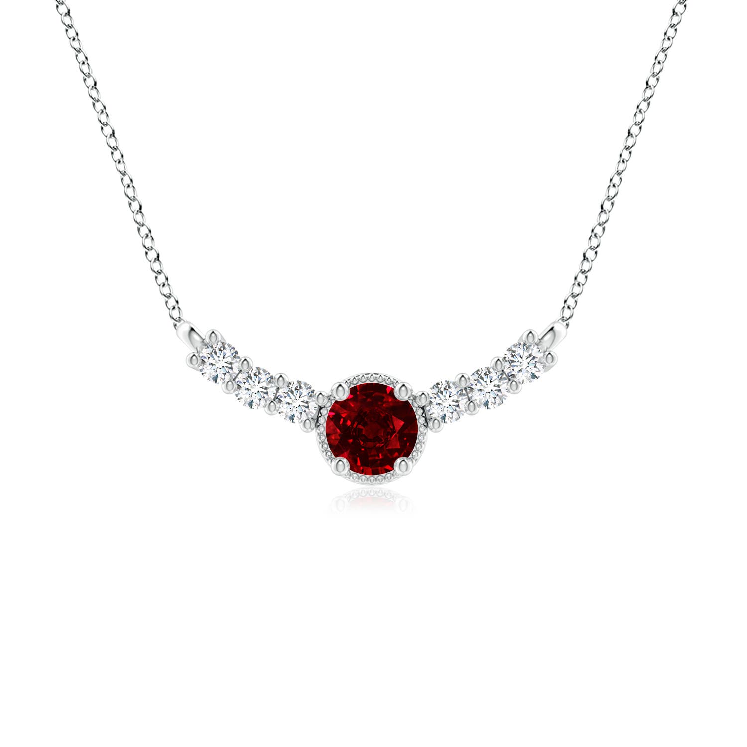 6mm AAAA Vintage Inspired Ruby and Diamond Curved Bar Pendant in White Gold
