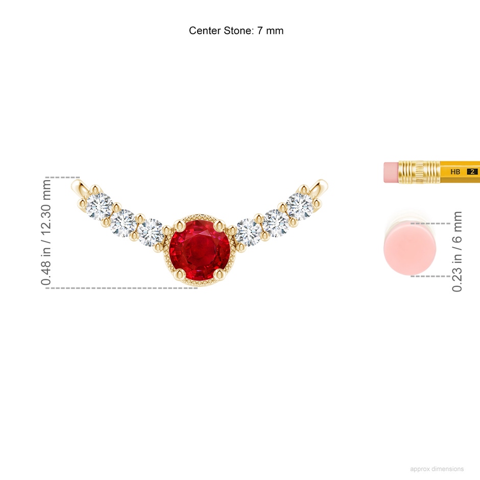 7mm AAA Vintage Inspired Ruby and Diamond Curved Bar Pendant in Yellow Gold ruler