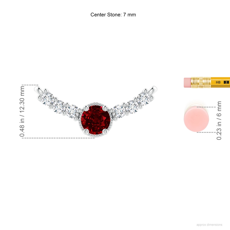 7mm AAAA Vintage Inspired Ruby and Diamond Curved Bar Pendant in S999 Silver ruler