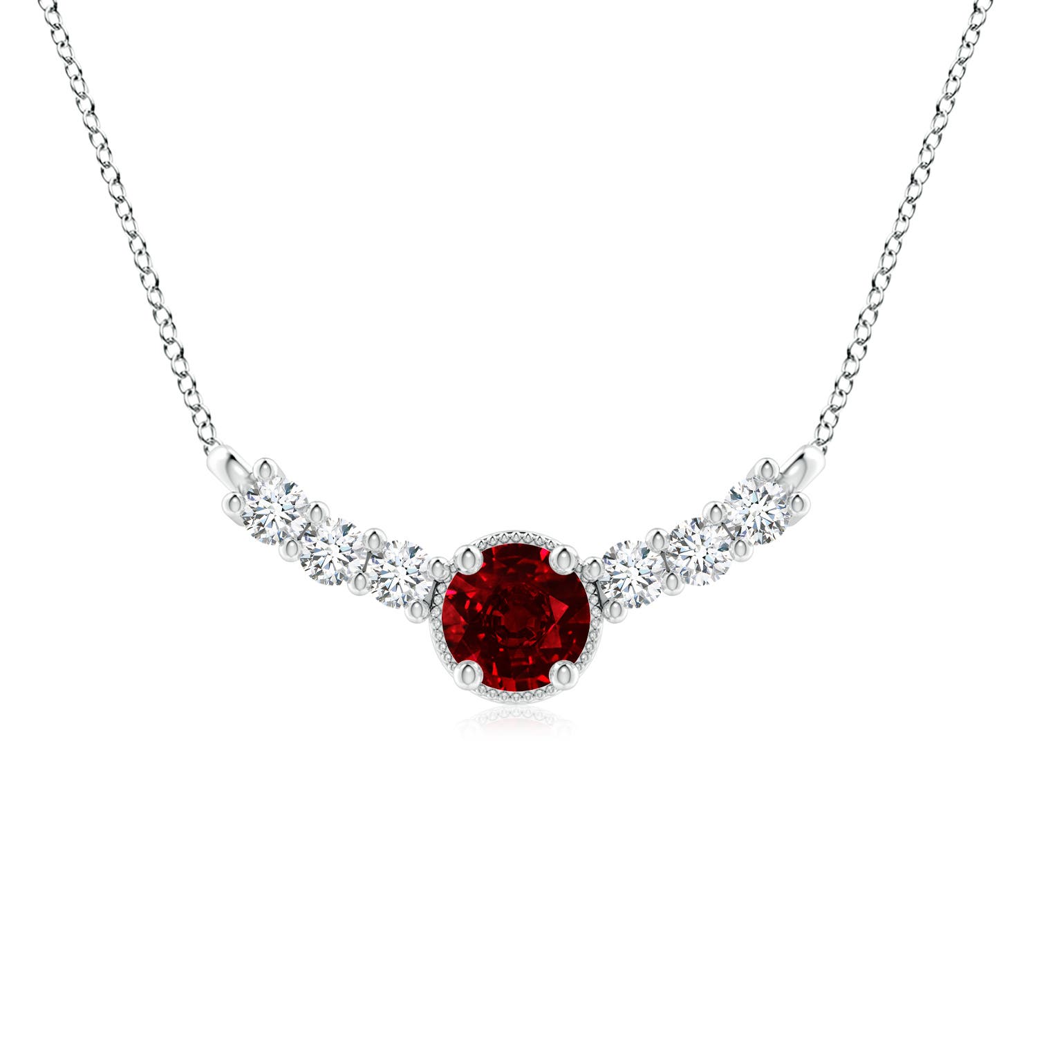 8mm AAAA Vintage Inspired Ruby and Diamond Curved Bar Pendant in White Gold