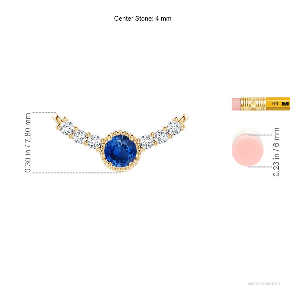 4mm AAA Vintage Inspired Sapphire and Diamond Curved Bar Pendant in 18K Yellow Gold ruler