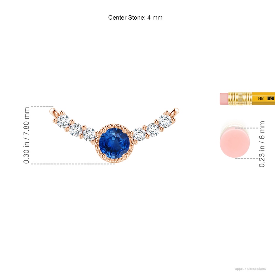 4mm AAA Vintage Inspired Sapphire and Diamond Curved Bar Pendant in Rose Gold ruler