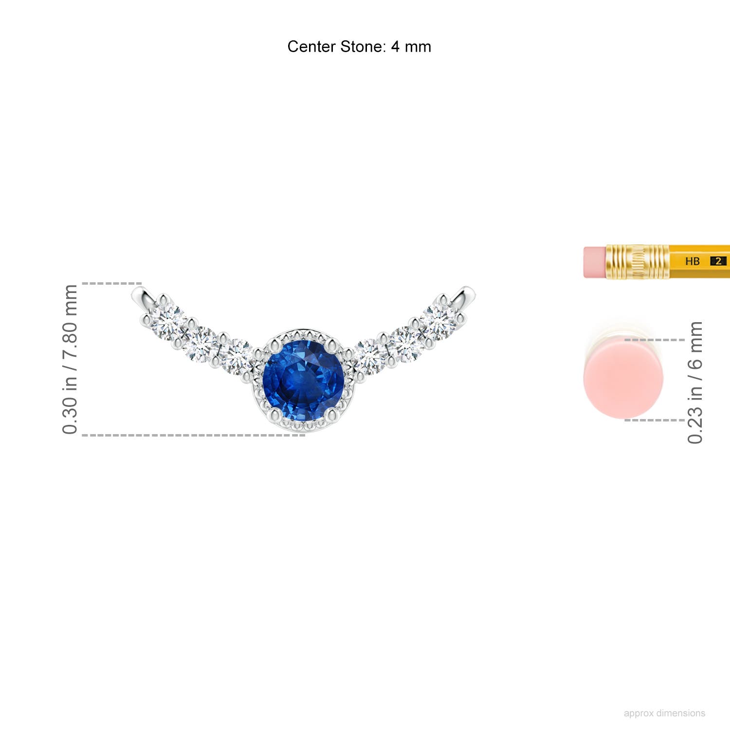 4mm AAA Vintage Inspired Sapphire and Diamond Curved Bar Pendant in White Gold - ruler