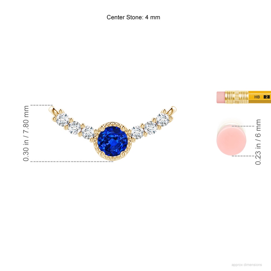 4mm AAAA Vintage Inspired Sapphire and Diamond Curved Bar Pendant in 18K Yellow Gold ruler