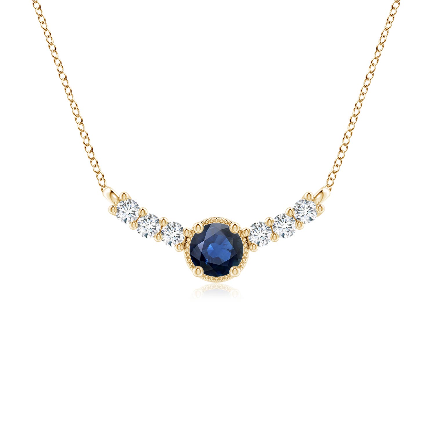 6mm AA Vintage Inspired Sapphire and Diamond Curved Bar Pendant in 18K Yellow Gold