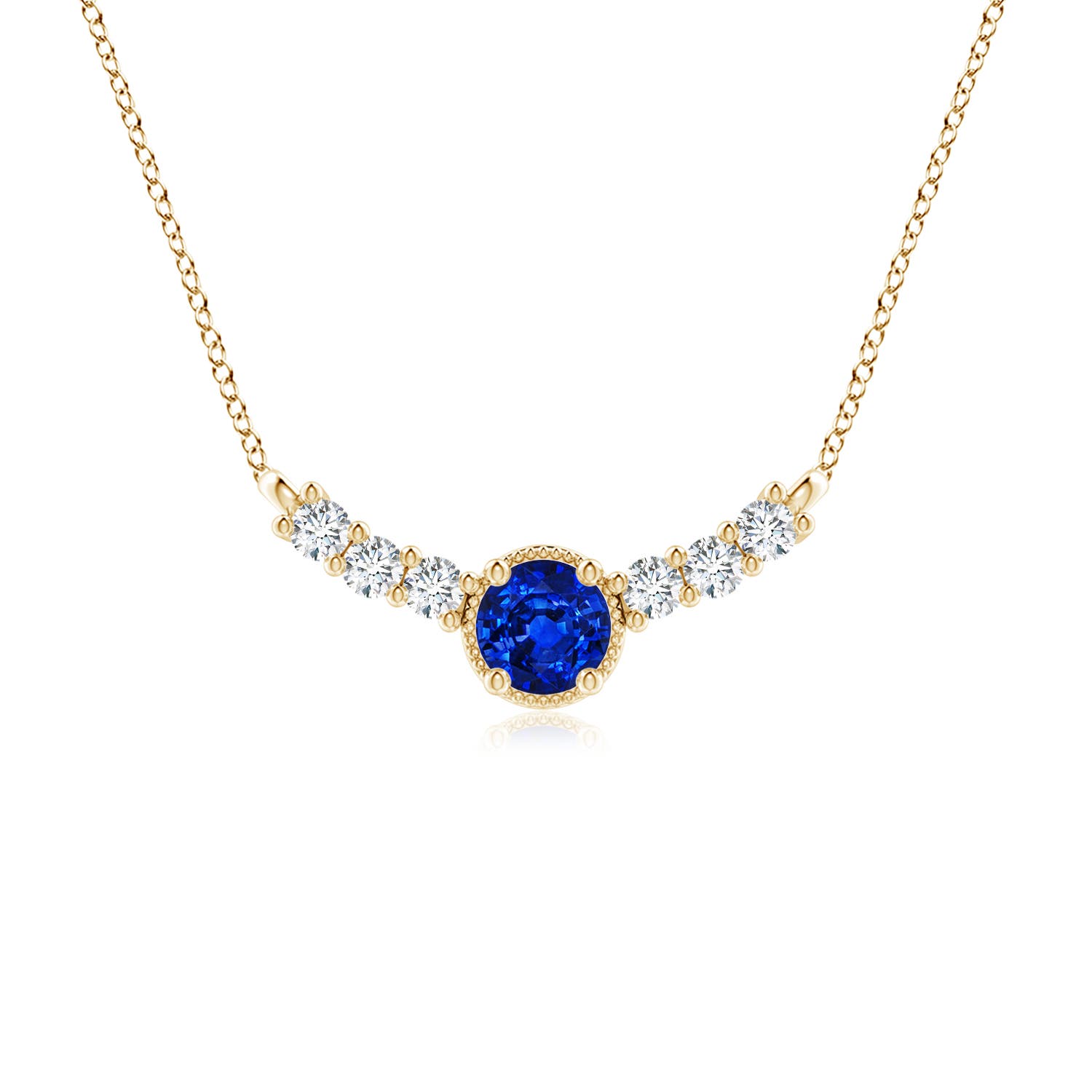 6mm AAAA Vintage Inspired Sapphire and Diamond Curved Bar Pendant in 18K Yellow Gold