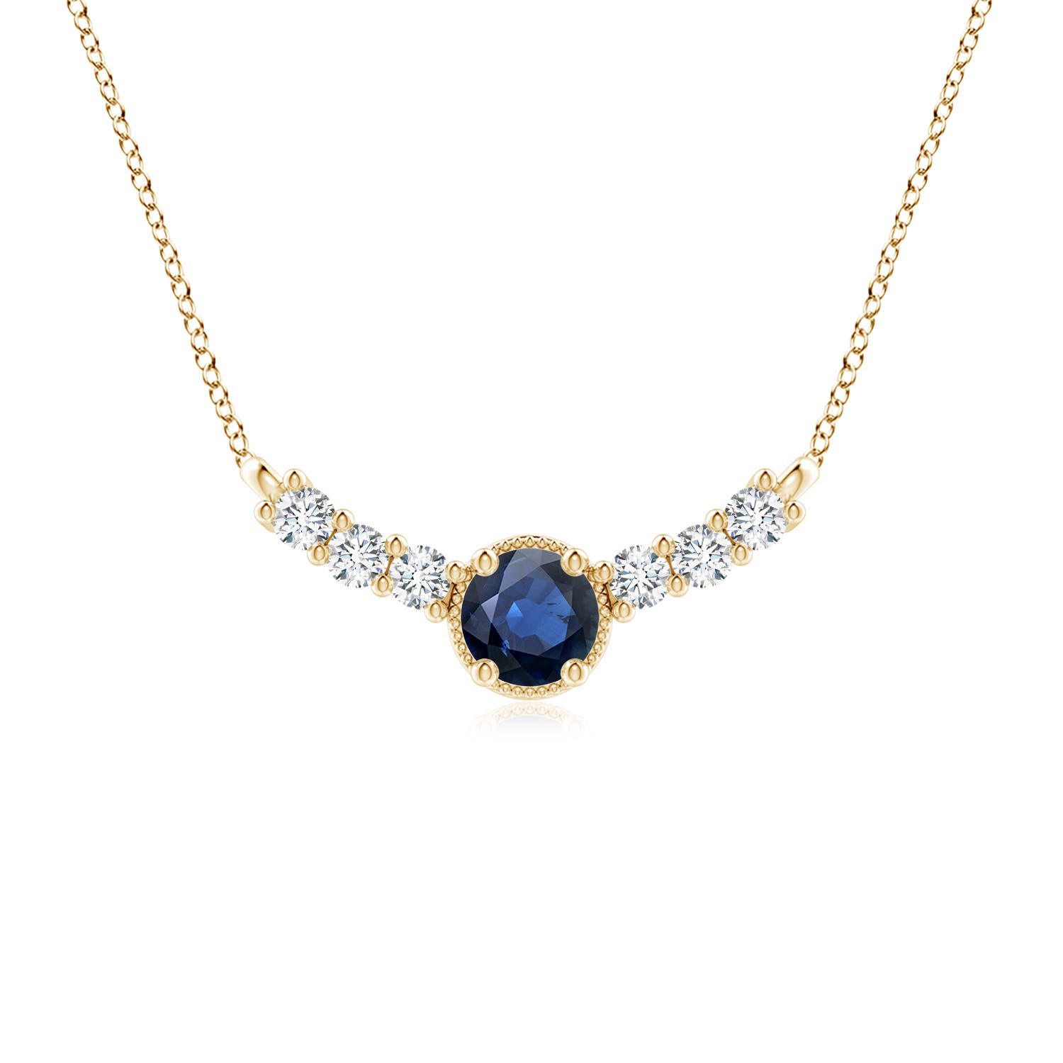 7mm AA Vintage Inspired Sapphire and Diamond Curved Bar Pendant in Yellow Gold