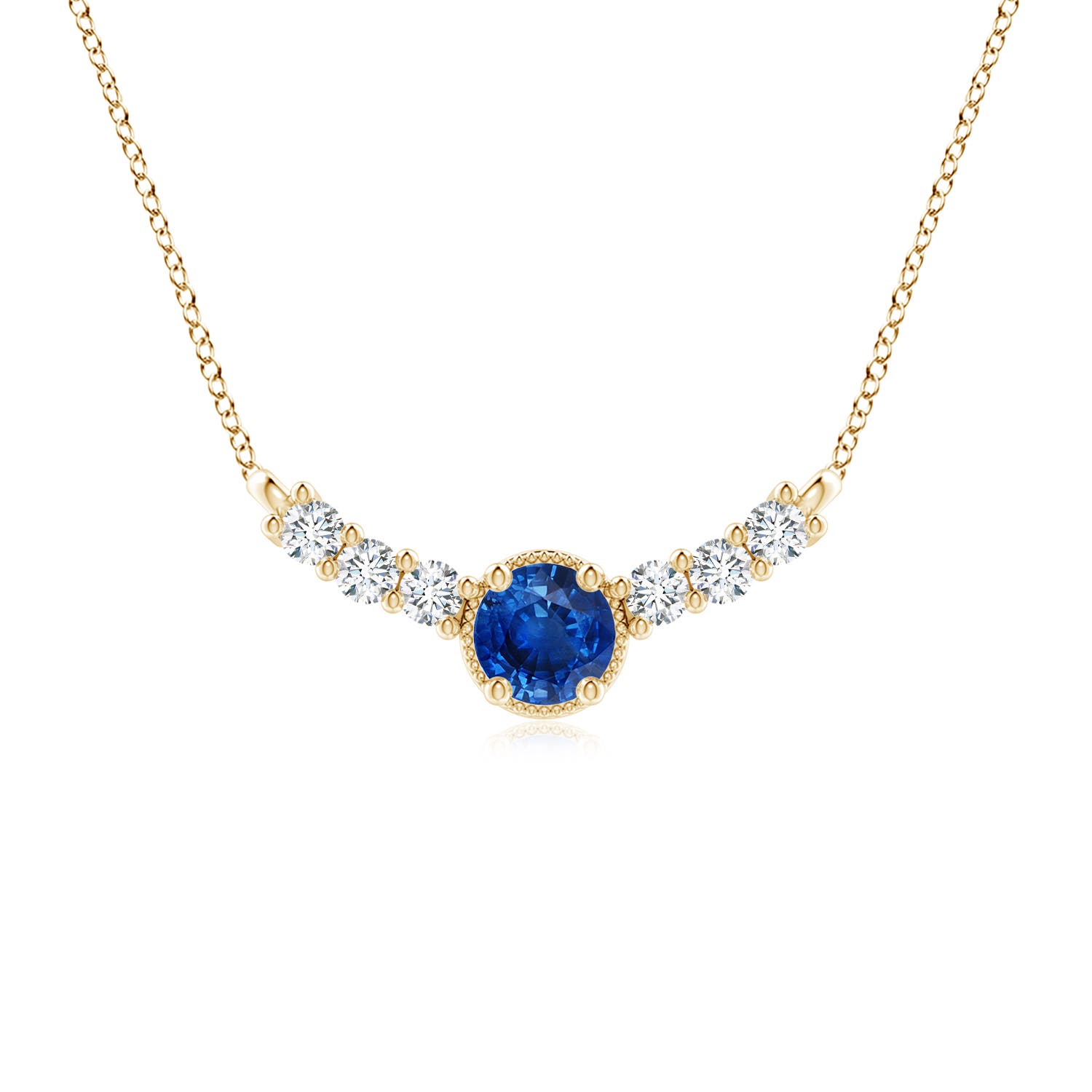 7mm AAA Vintage Inspired Sapphire and Diamond Curved Bar Pendant in 18K Yellow Gold