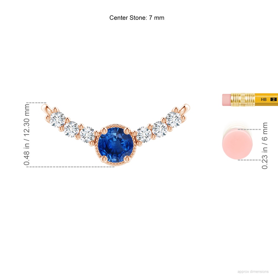 7mm AAA Vintage Inspired Sapphire and Diamond Curved Bar Pendant in Rose Gold ruler