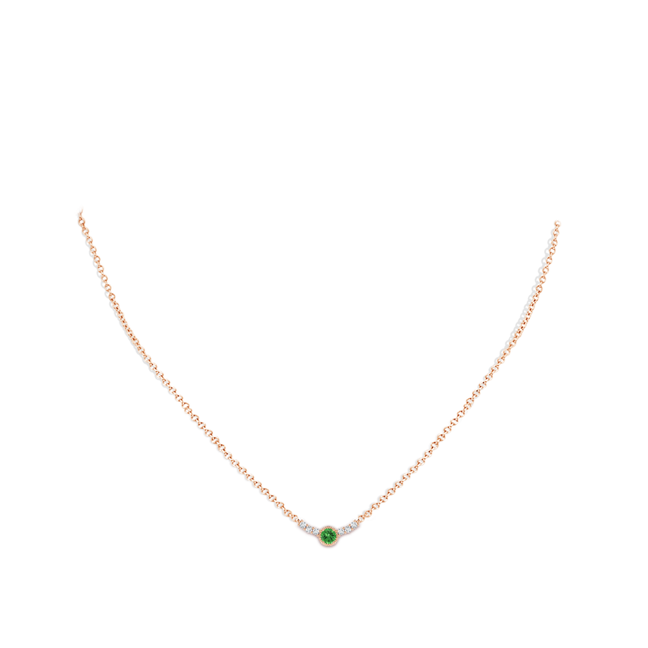 3.5mm AAAA Vintage Inspired Tsavorite and Diamond Curved Bar Pendant in Rose Gold body-neck