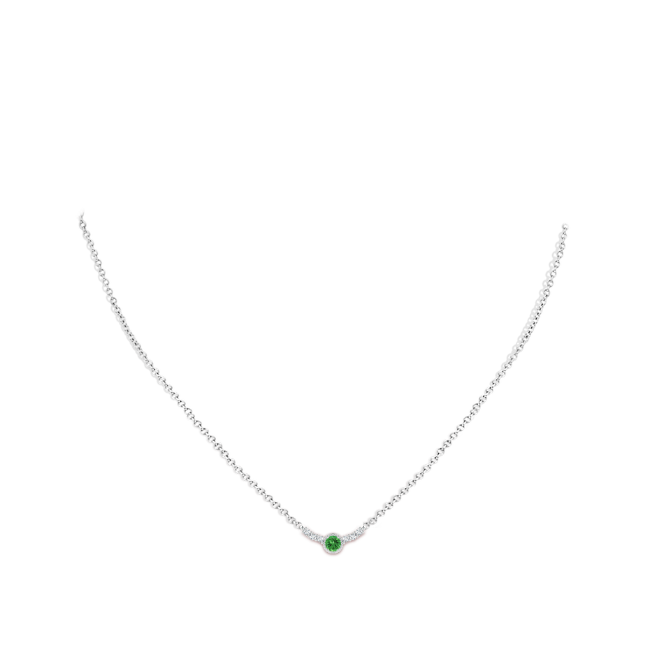 3.5mm AAAA Vintage Inspired Tsavorite and Diamond Curved Bar Pendant in S999 Silver body-neck