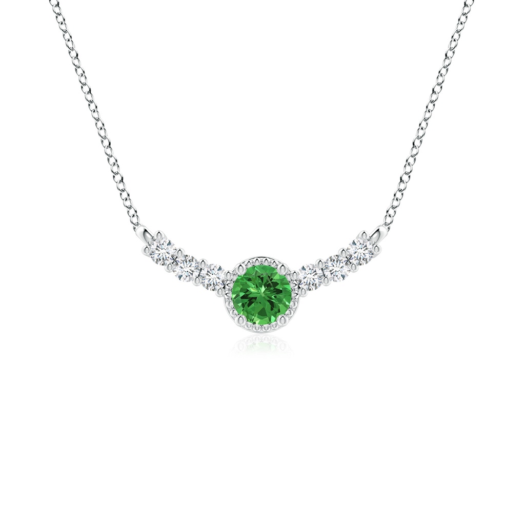 4mm AAAA Vintage Inspired Tsavorite and Diamond Curved Bar Pendant in White Gold