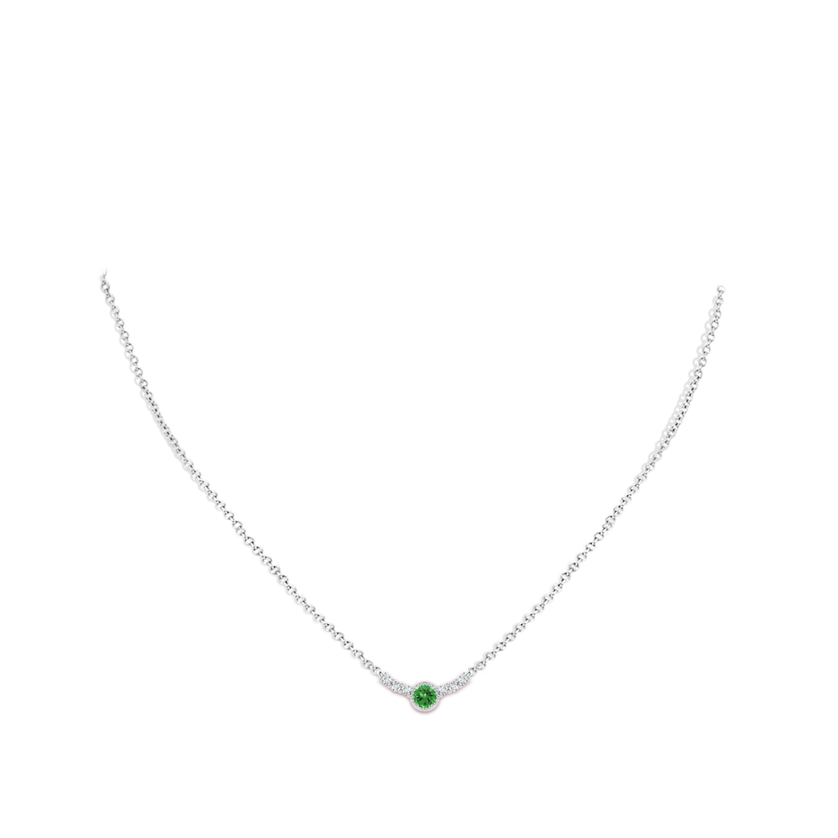 4mm AAAA Vintage Inspired Tsavorite and Diamond Curved Bar Pendant in White Gold body-neck