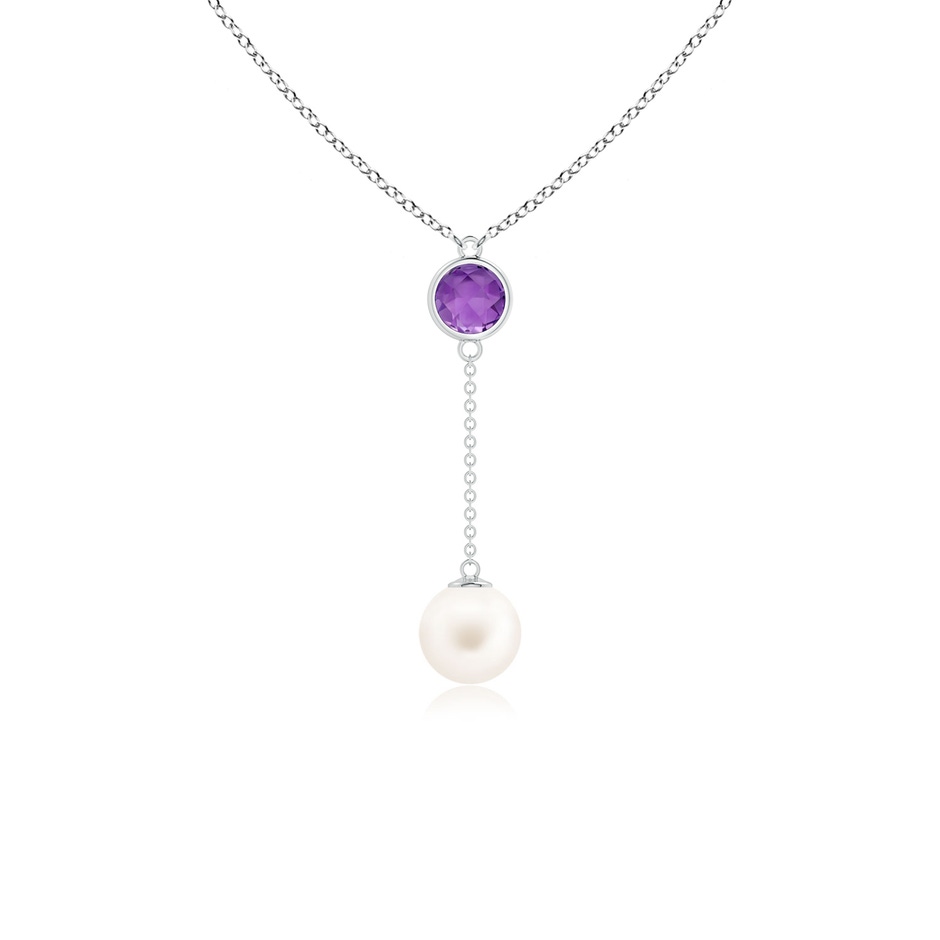 8mm AA Freshwater Pearl & Amethyst Lariat Necklace in White Gold 