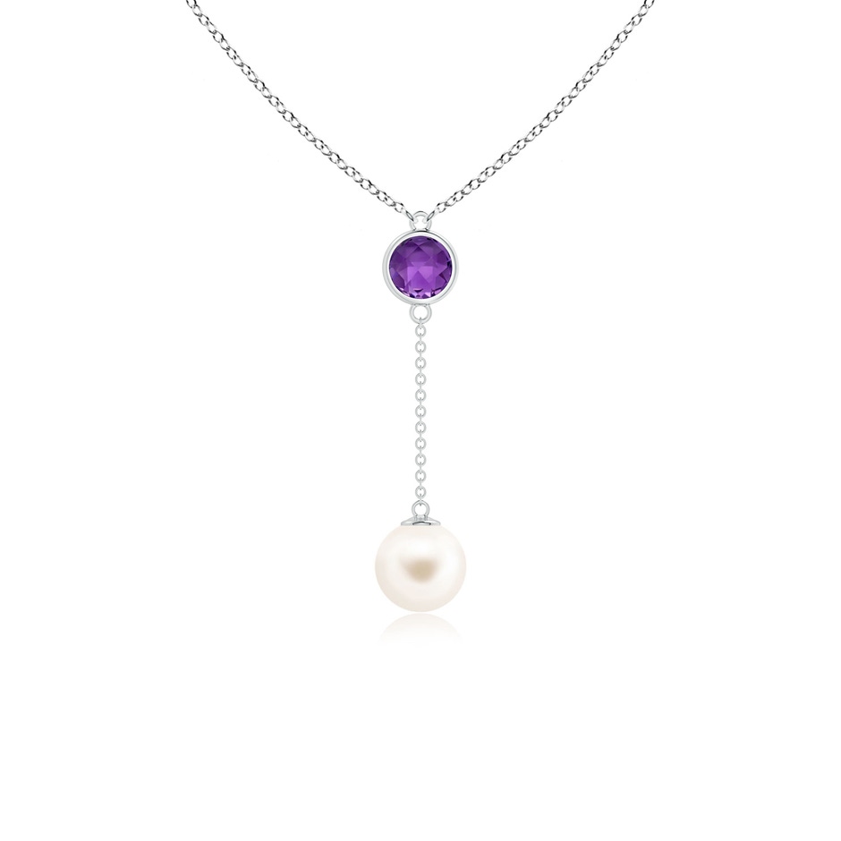 8mm AAA Freshwater Pearl & Amethyst Lariat Necklace in White Gold 