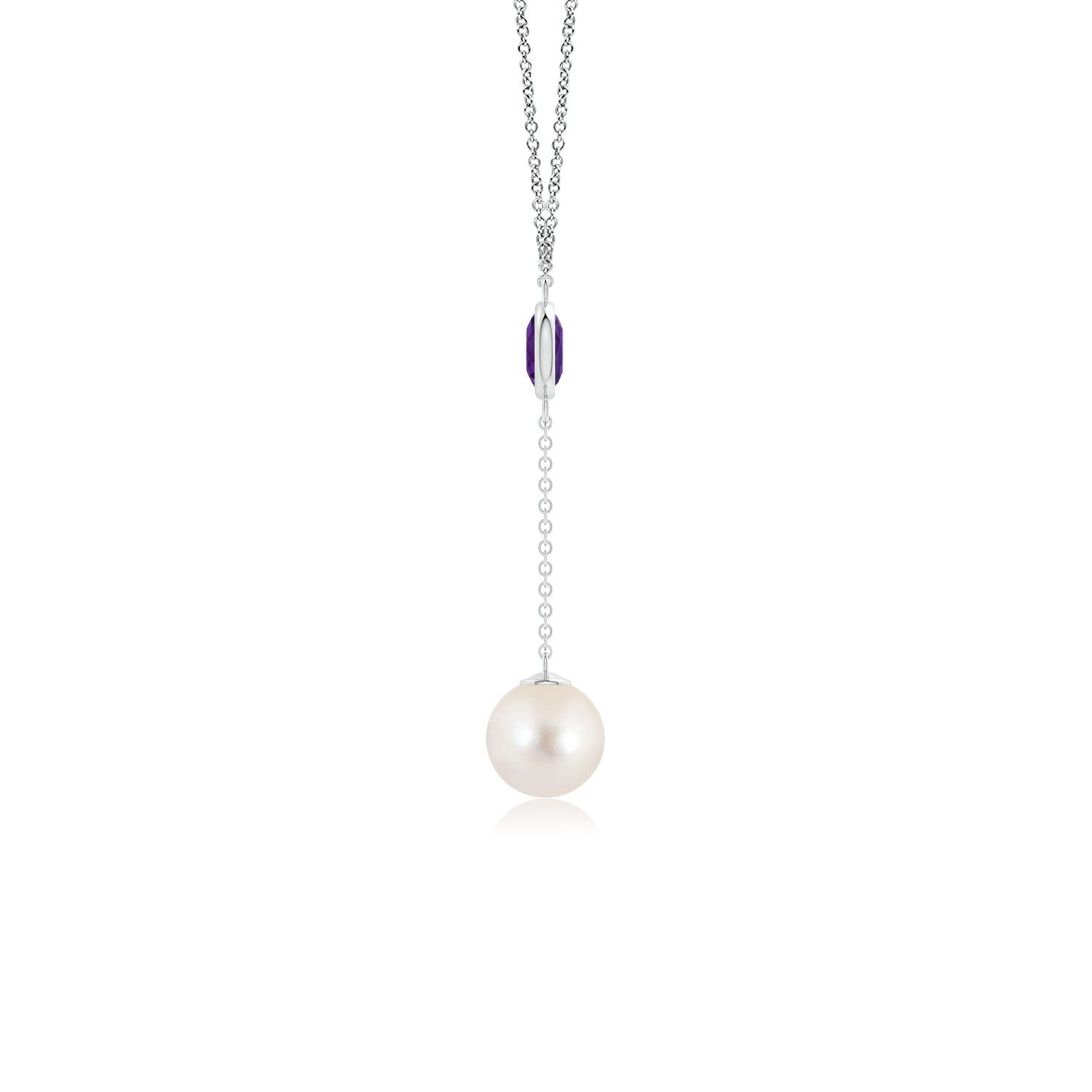 8mm AAAA Freshwater Pearl & Amethyst Lariat Necklace in White Gold - side 1