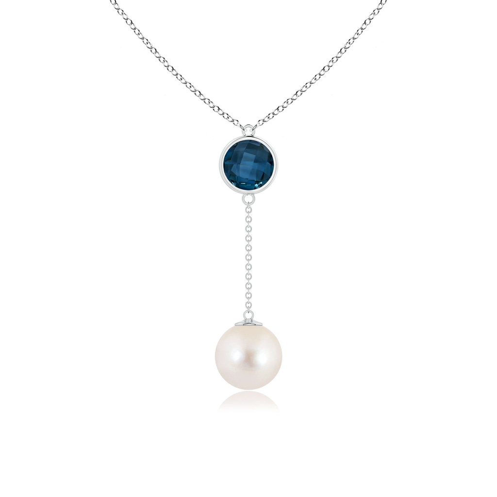 10mm AAAA Freshwater Pearl & London Blue Topaz Lariat Necklace in White Gold