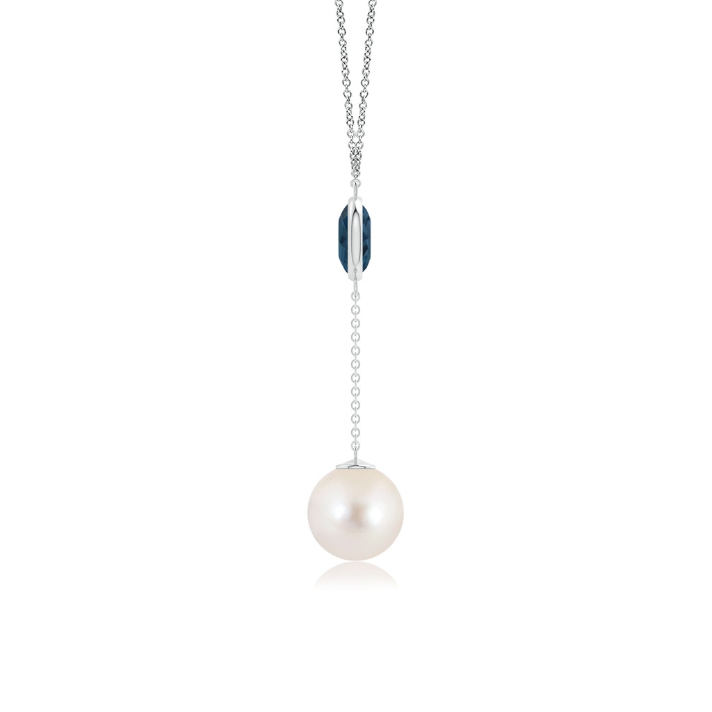 10mm AAAA Freshwater Pearl & London Blue Topaz Lariat Necklace in White Gold Side 1