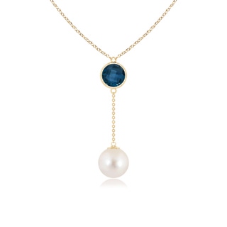 10mm AAAA Freshwater Pearl & London Blue Topaz Lariat Necklace in Yellow Gold