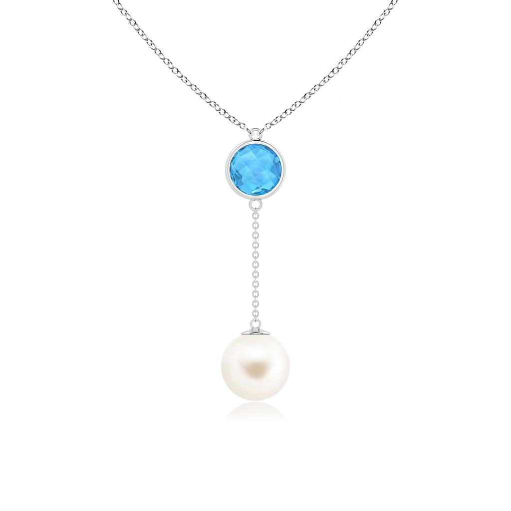 10mm AAA Freshwater Pearl & Swiss Blue Topaz Lariat Necklace in White Gold