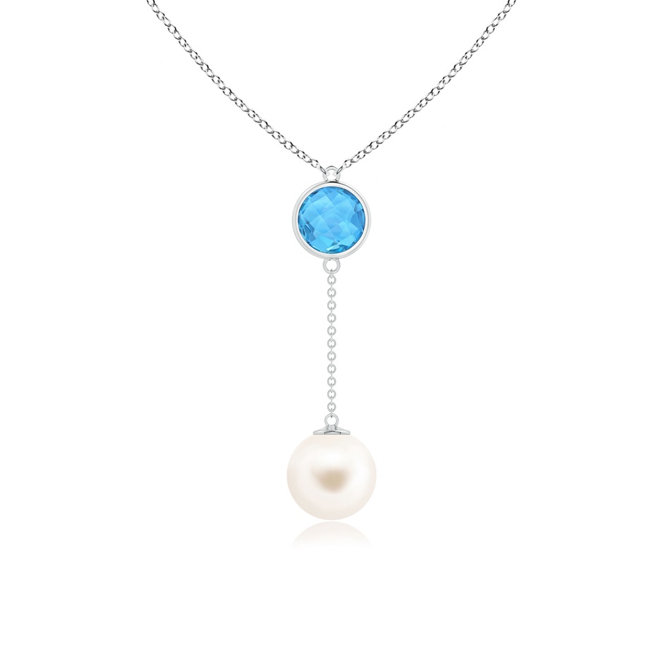 10mm AAA Freshwater Pearl & Swiss Blue Topaz Lariat Necklace in White Gold 