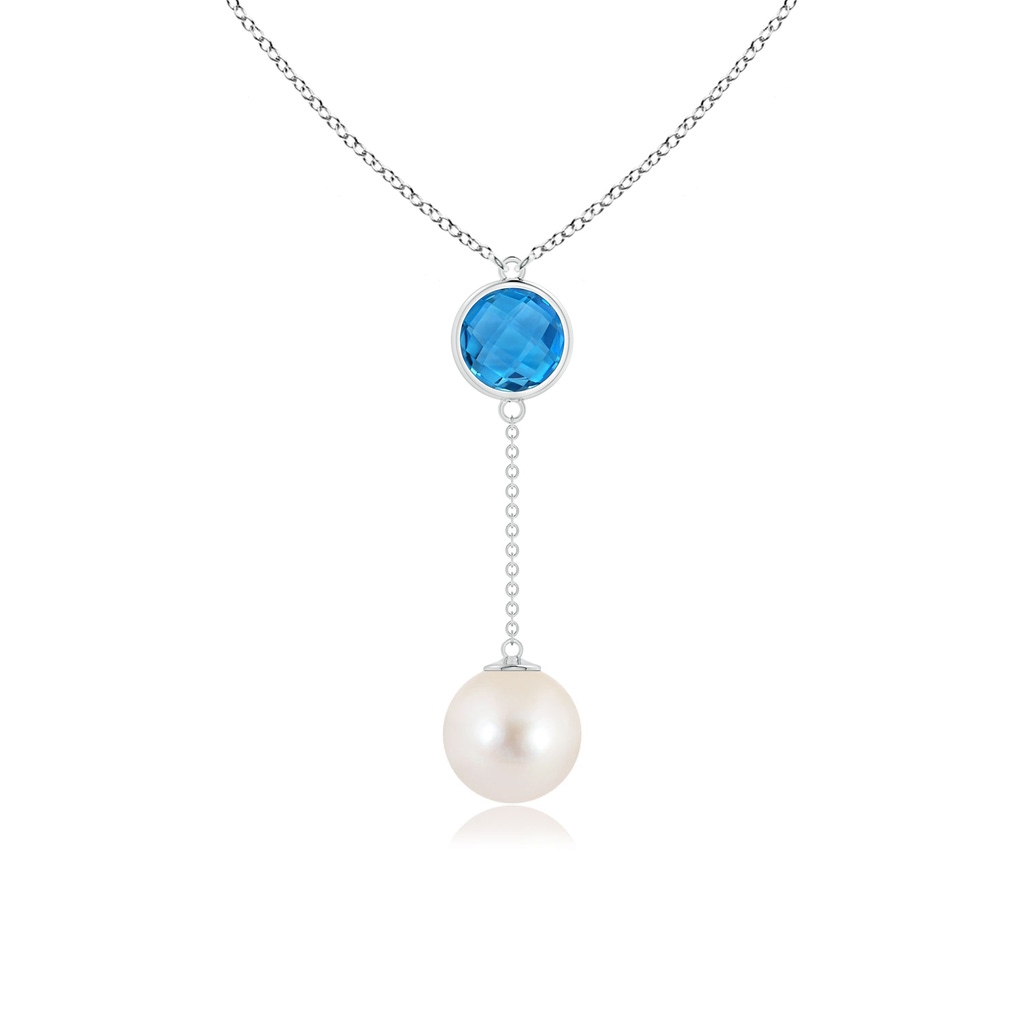 10mm AAAA Freshwater Pearl & Swiss Blue Topaz Lariat Necklace in White Gold