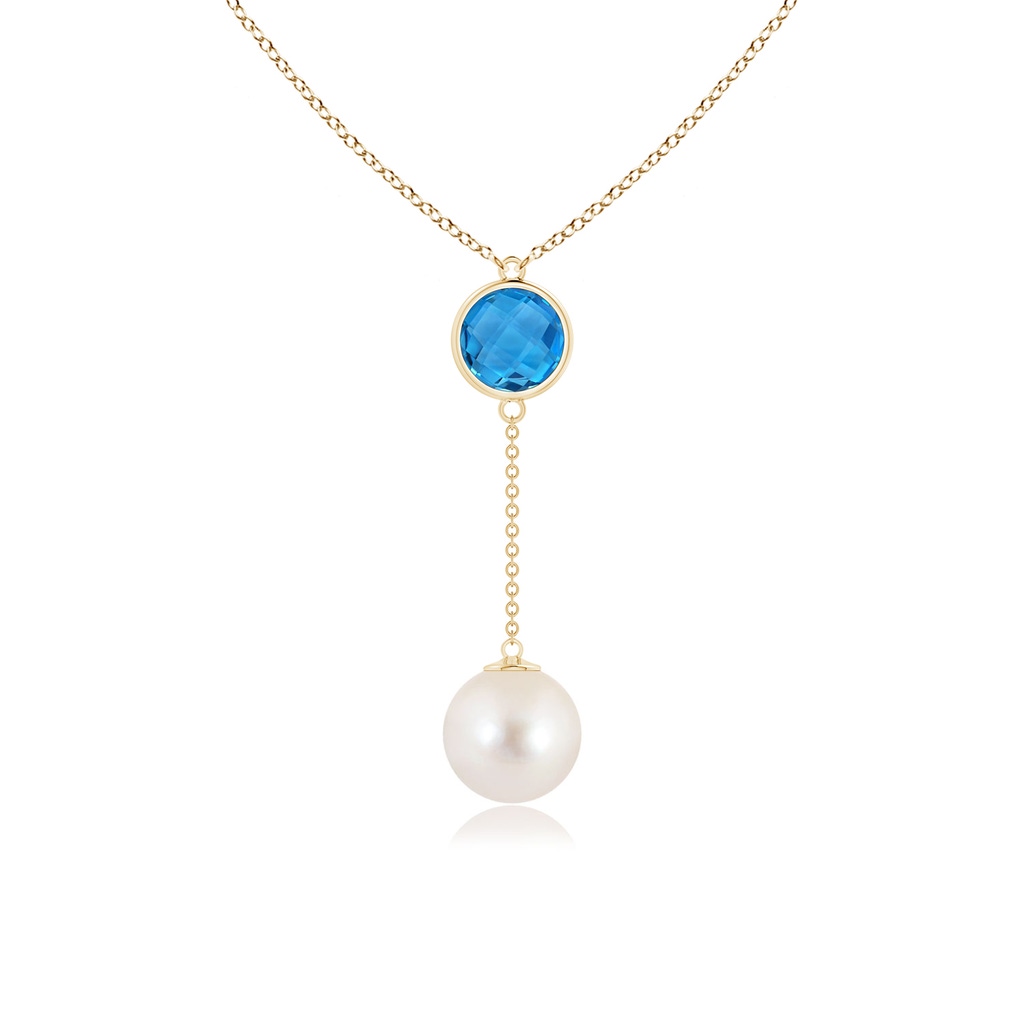 10mm AAAA Freshwater Pearl & Swiss Blue Topaz Lariat Necklace in Yellow Gold