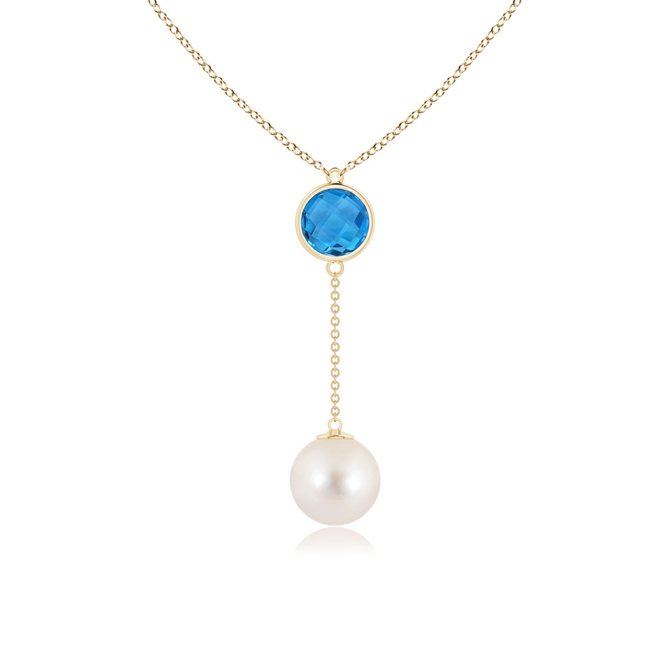 10mm AAAA Freshwater Pearl & Swiss Blue Topaz Lariat Necklace in Yellow Gold 