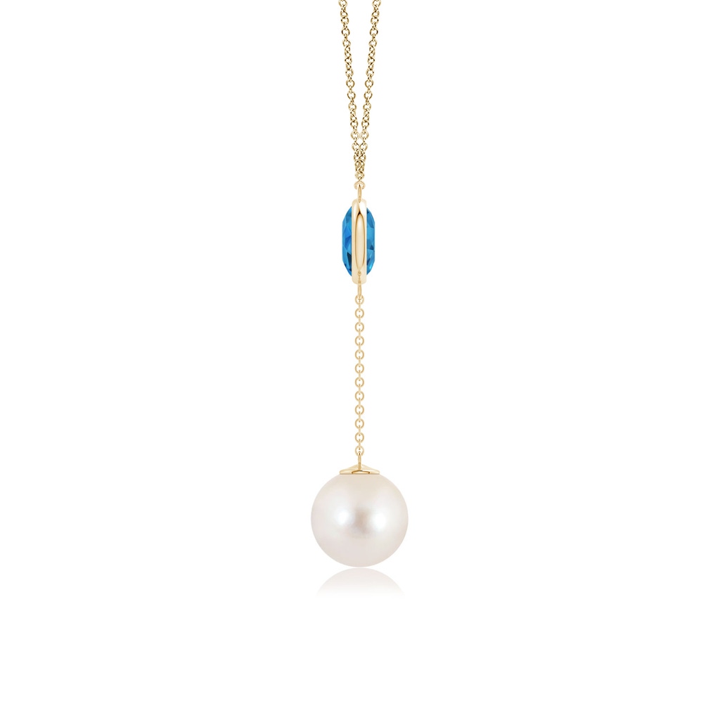 10mm AAAA Freshwater Pearl & Swiss Blue Topaz Lariat Necklace in Yellow Gold Side 1