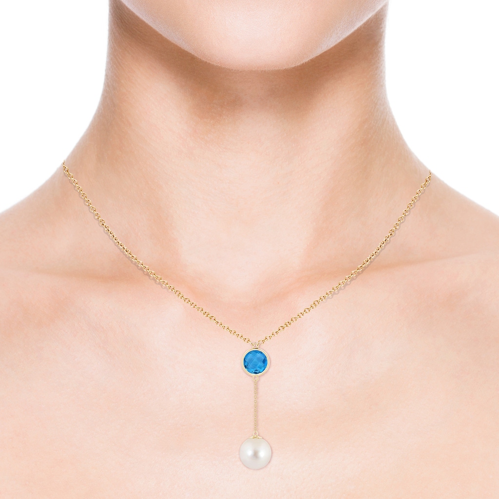 10mm AAAA Freshwater Pearl & Swiss Blue Topaz Lariat Necklace in Yellow Gold - body_neck