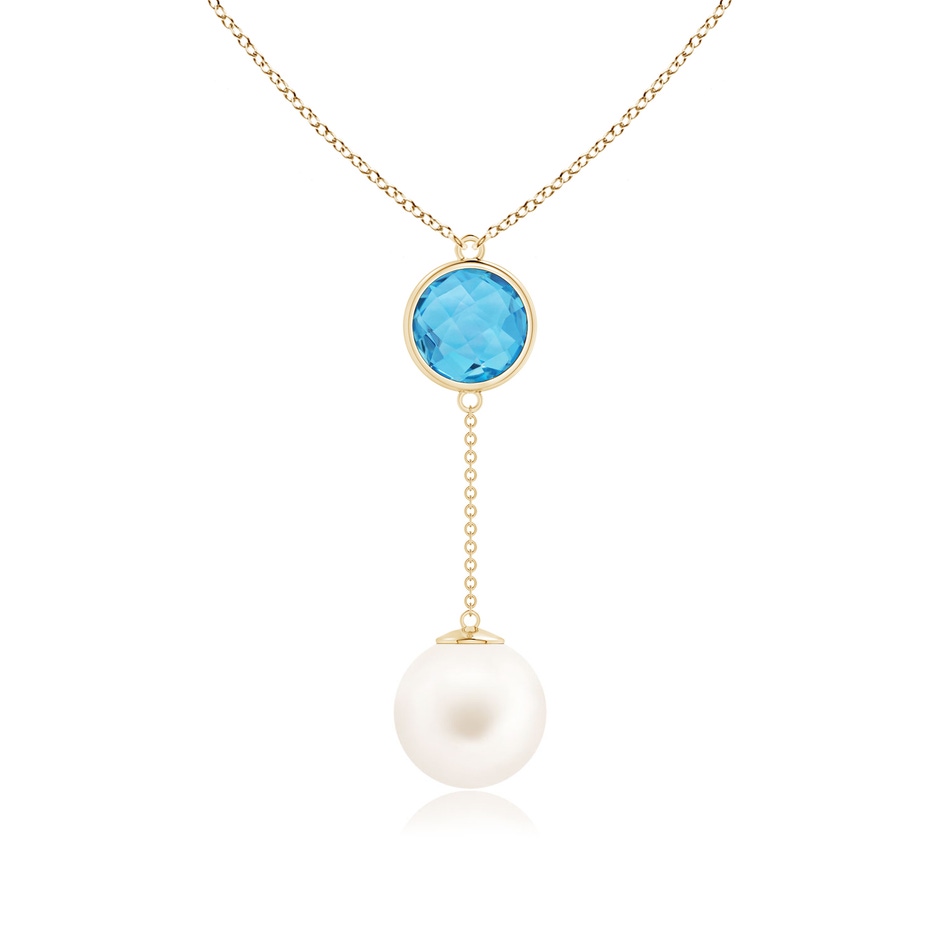 12mm AA Freshwater Pearl & Swiss Blue Topaz Lariat Necklace in Yellow Gold 