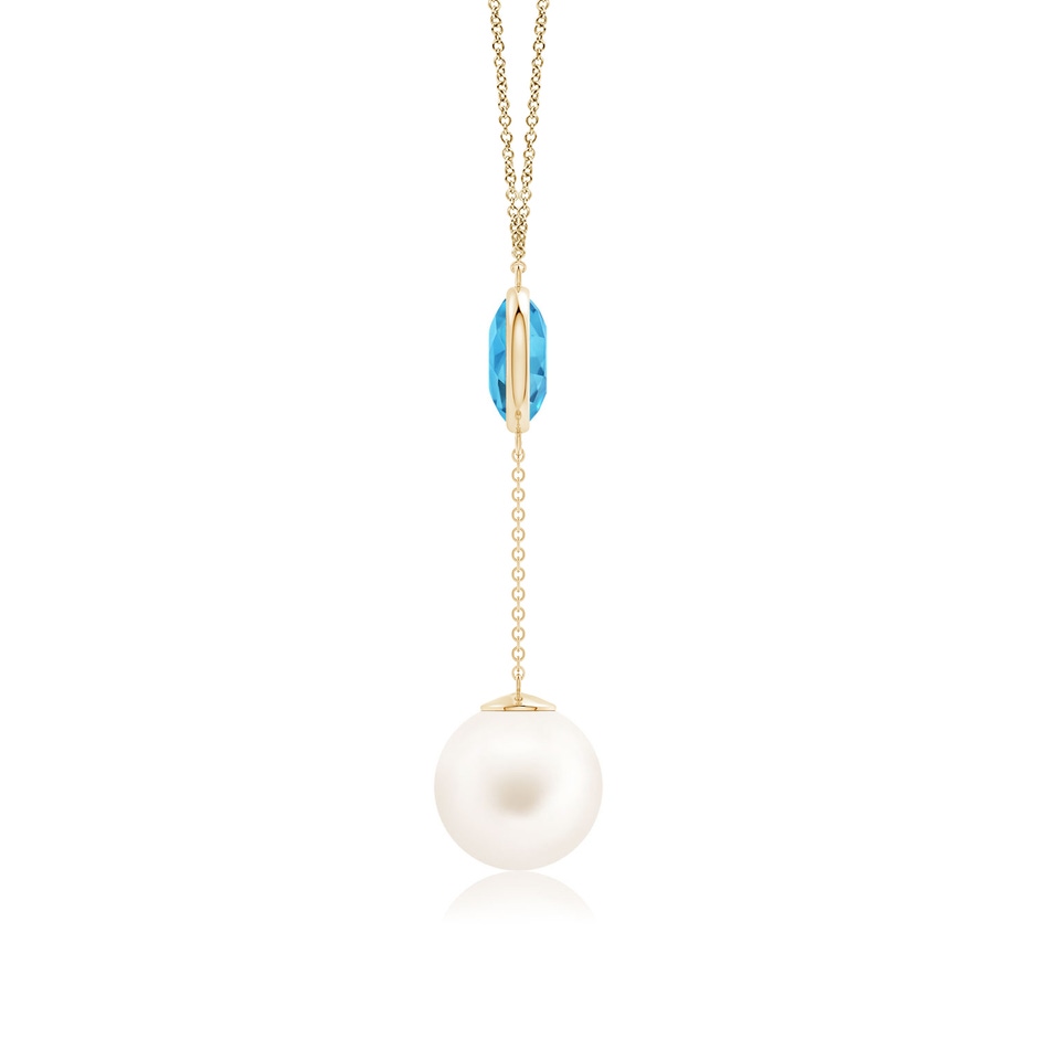 12mm AA Freshwater Pearl & Swiss Blue Topaz Lariat Necklace in Yellow Gold side 1