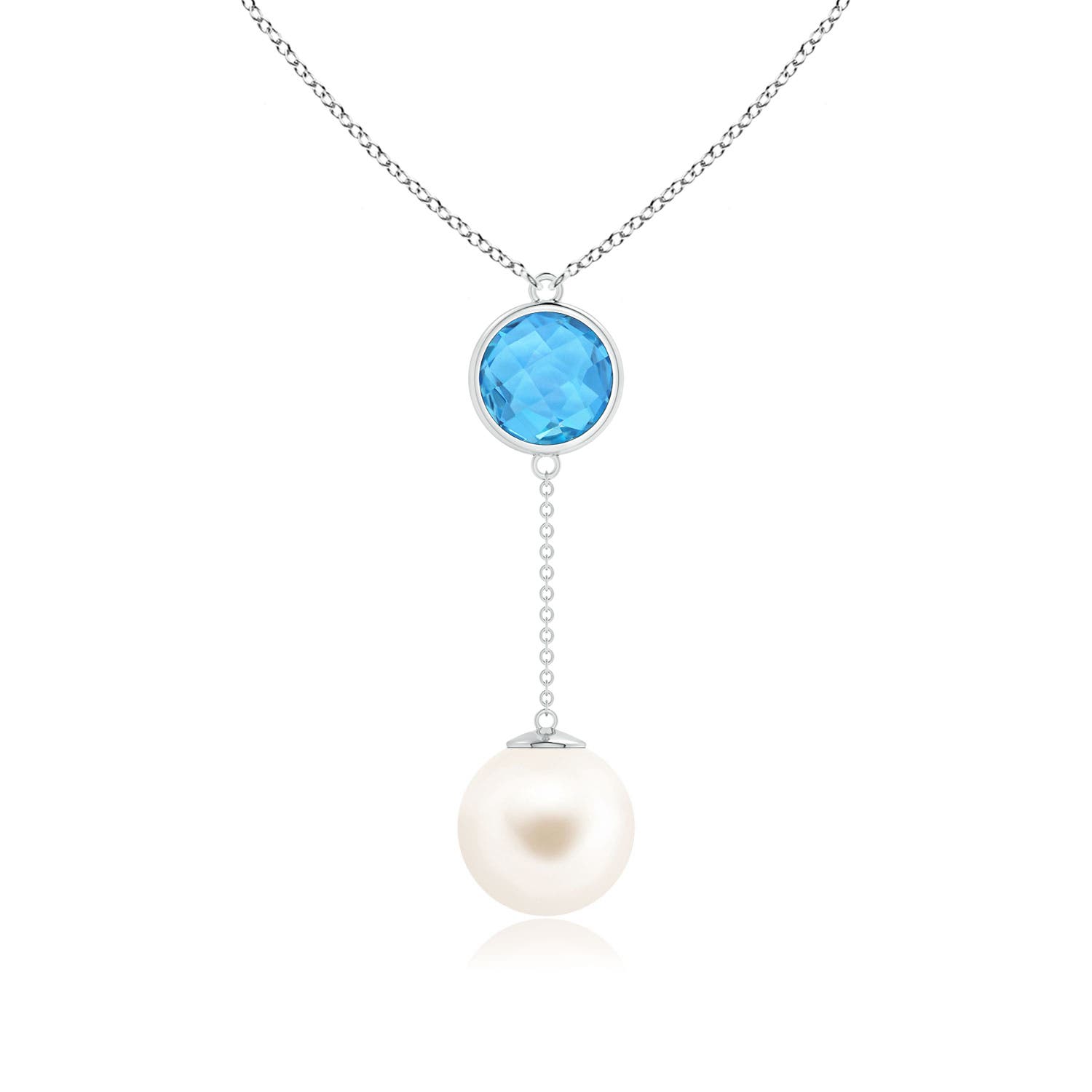 12mm AAA Freshwater Pearl & Swiss Blue Topaz Lariat Necklace in White Gold